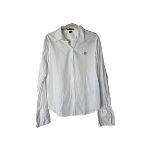 90s Lauren Ralph Lauren Womens 8 White Monogram Crest Button Up Shirt Sz L